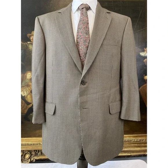 Jos A Bank Signature 43R Tan & Black Houndstooth 100% Wool‎ 2Btn Blazer Jacket